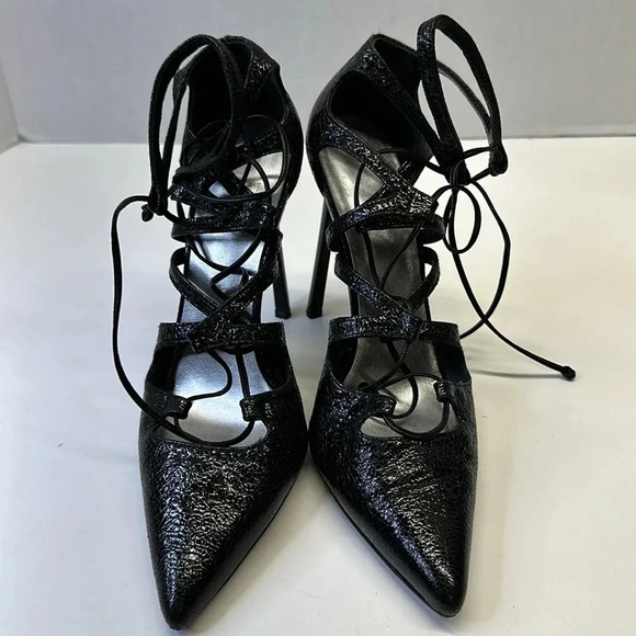 Stuart Weitzman Excite Pointy Toe Lace Up Pumps Heels Patent Leather Black  7 - Picture 2 of 9
